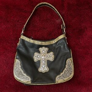 Black Cross Pendant Shoulder Bag with Tan Trim - Sleek Everyday